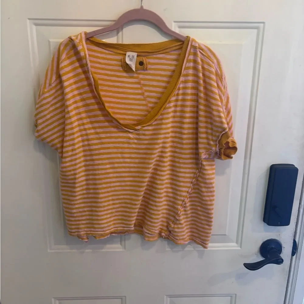 We The Free Yellow and Pink Striped V-Neck Oversized Short Sleeve Top